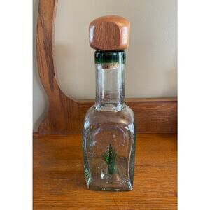 Casta Green Hand Blown Tequilla Bottle w/ Glass Agave Inside & Wood / Cork Top